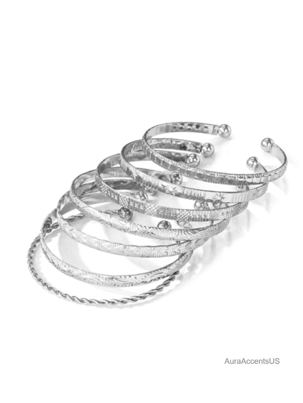 7PC Silver Bangle Set 14K Silver Plated Adjustable Open Cuff Stackable Bracelets